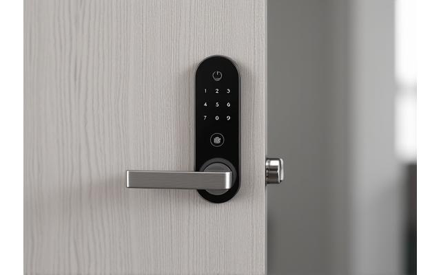 Modern wooden door with an integrated smart lock and digital keypad in a smart home apartment